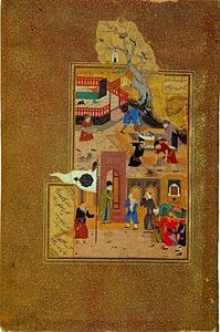 A miniature painting by Bihzad illustrating the funeral of the elderly Attar of Nishapur after he was held captive and killed by a . Mongol invader. Photo: Wikipedia.